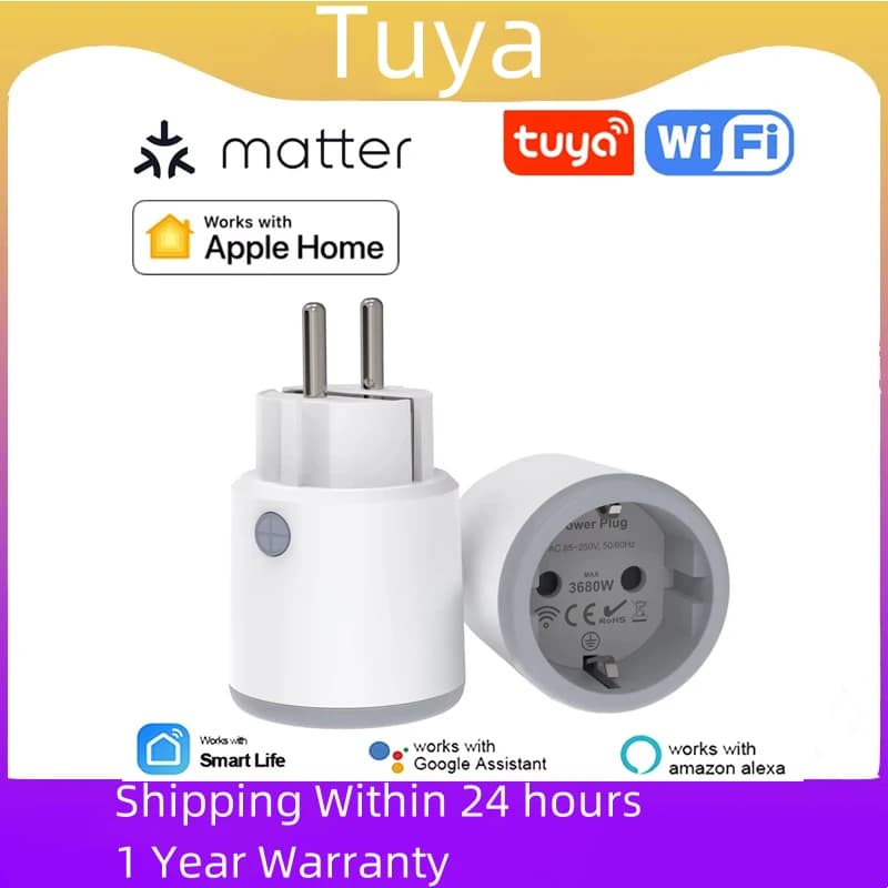 TUYA Smart Plug Matter Wi-Fi 16A Smart Timer Power Monitor Support Homekit Works with Google Home Alexa
