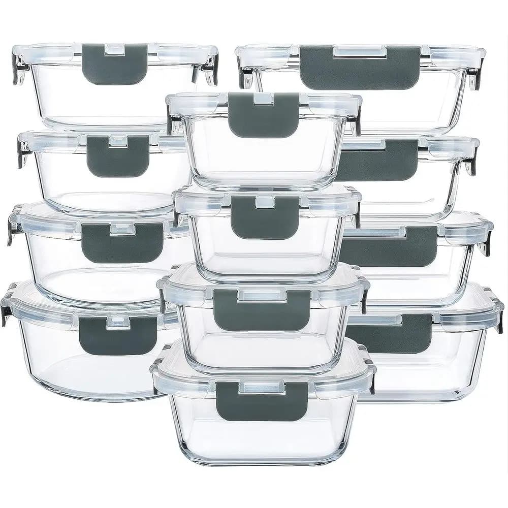24-Piece Glass Food Storage Containers with Snap Locking Lids, Airtight Meal Prep Containers, Microwave, Oven, Freezer, Dishwash