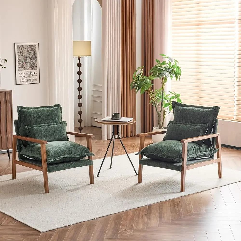 Set di 2 poltrone con accenti in ciniglia verde, con cuscini lombari, cuscini spessi 6,3 cm, stile boho, adatte per soggiorno e camera da letto