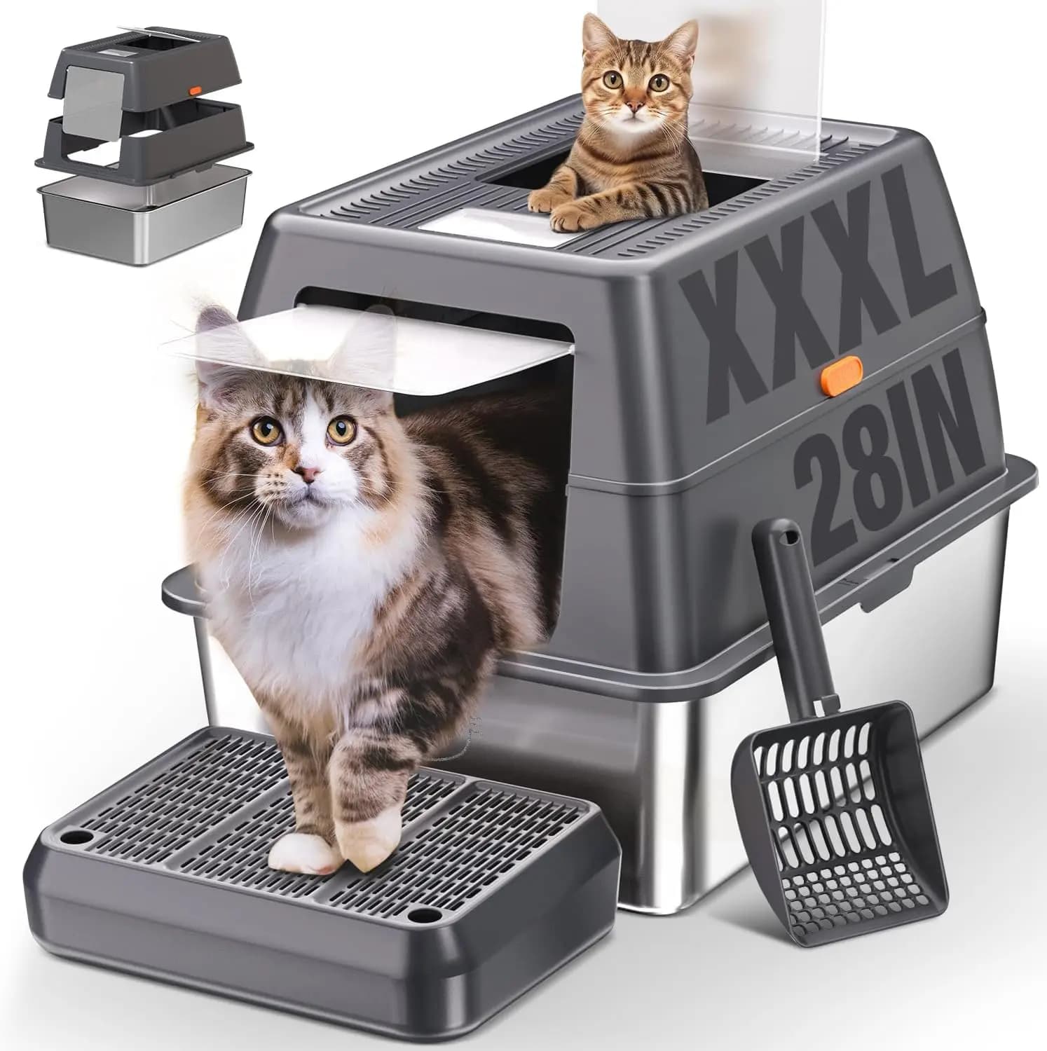 Lettiera per Gatti in Acciaio Inox XXXL con Coperchio, Extra Large 71x51x46 cm per Gatti Grandi, Lettiera Chiusa in Metallo Jumbo