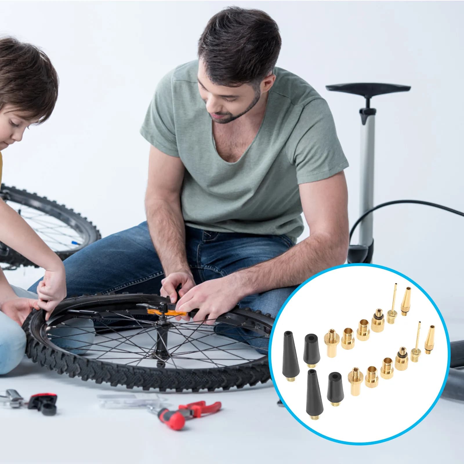 Set di adattatori in rame per gonfiaggio pneumatici bici, ago per pompa, ugello portatile per valvole di palloni sportivi, adattatore per pompa biciclette