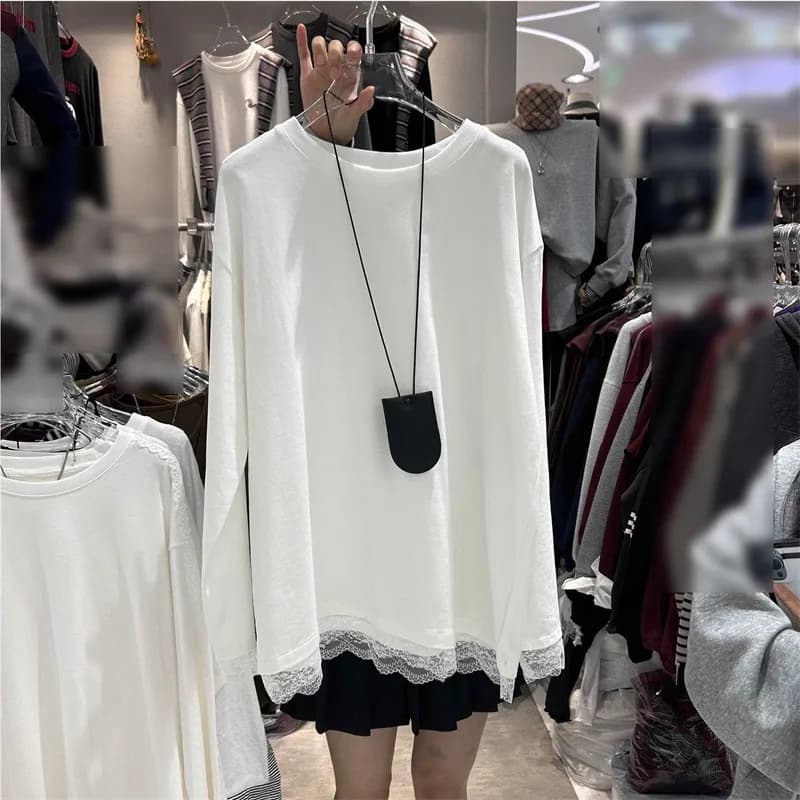 Women Clothes Tops Longsleeve Solid Color Blouse Lace Trim Hem Oversized Fit Long Sleeve T-shirt Round Neck Casual Blouse