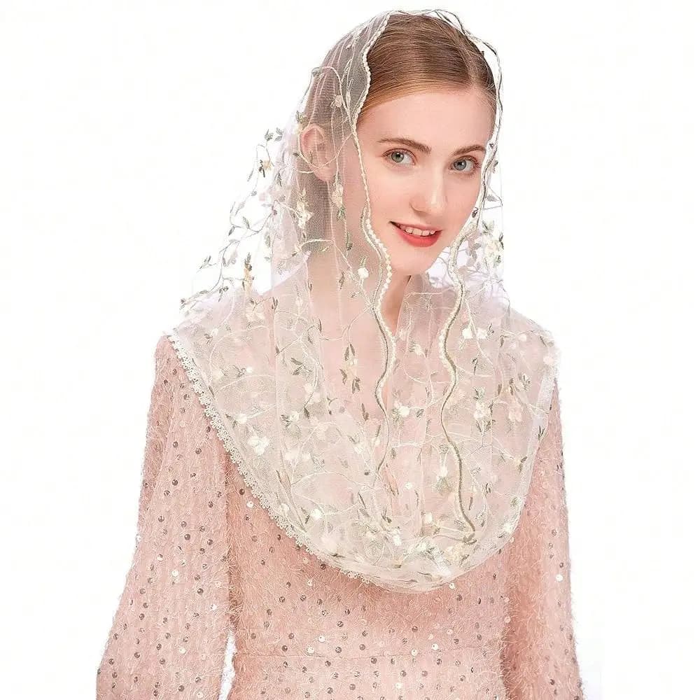 Veli da Cappella Mantilla Infinity, Velo per Messa Latina, Copricapo Morbido Ricamato con Piccoli Fiori, Sciarpa, Bianco