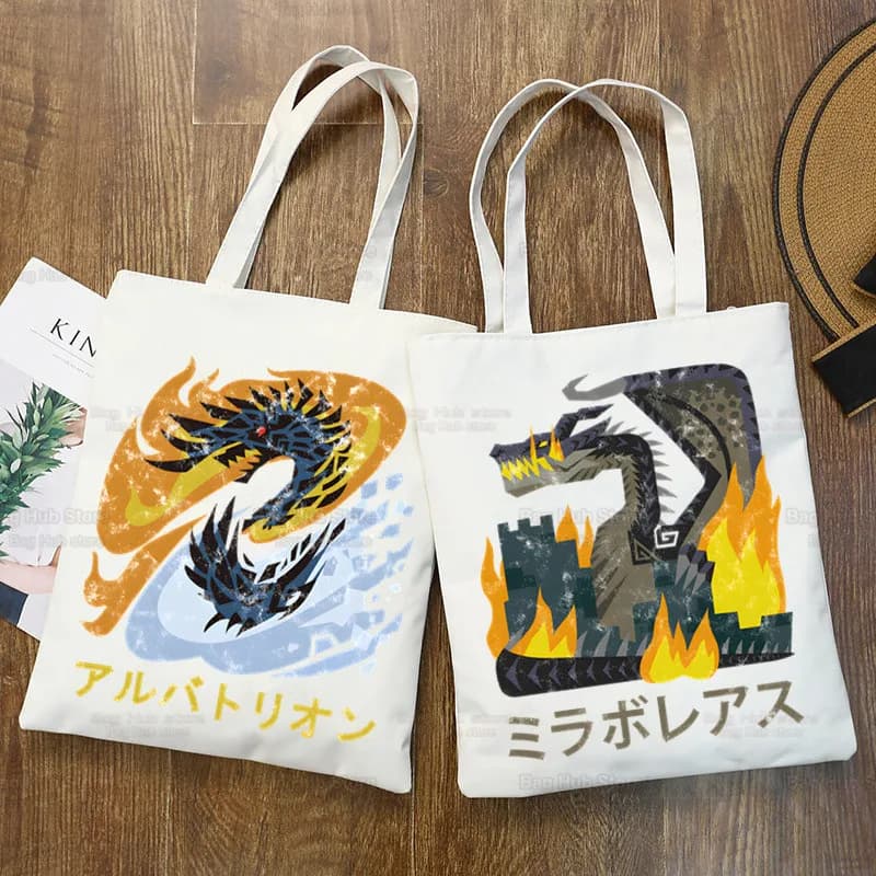 Borsa per la spesa Monster Hunter Game Harajuku, borsa per la spesa in juta, borsa tote per la spesa, borsa riutilizzabile per la spesa, Bolsa Compra Sacolas