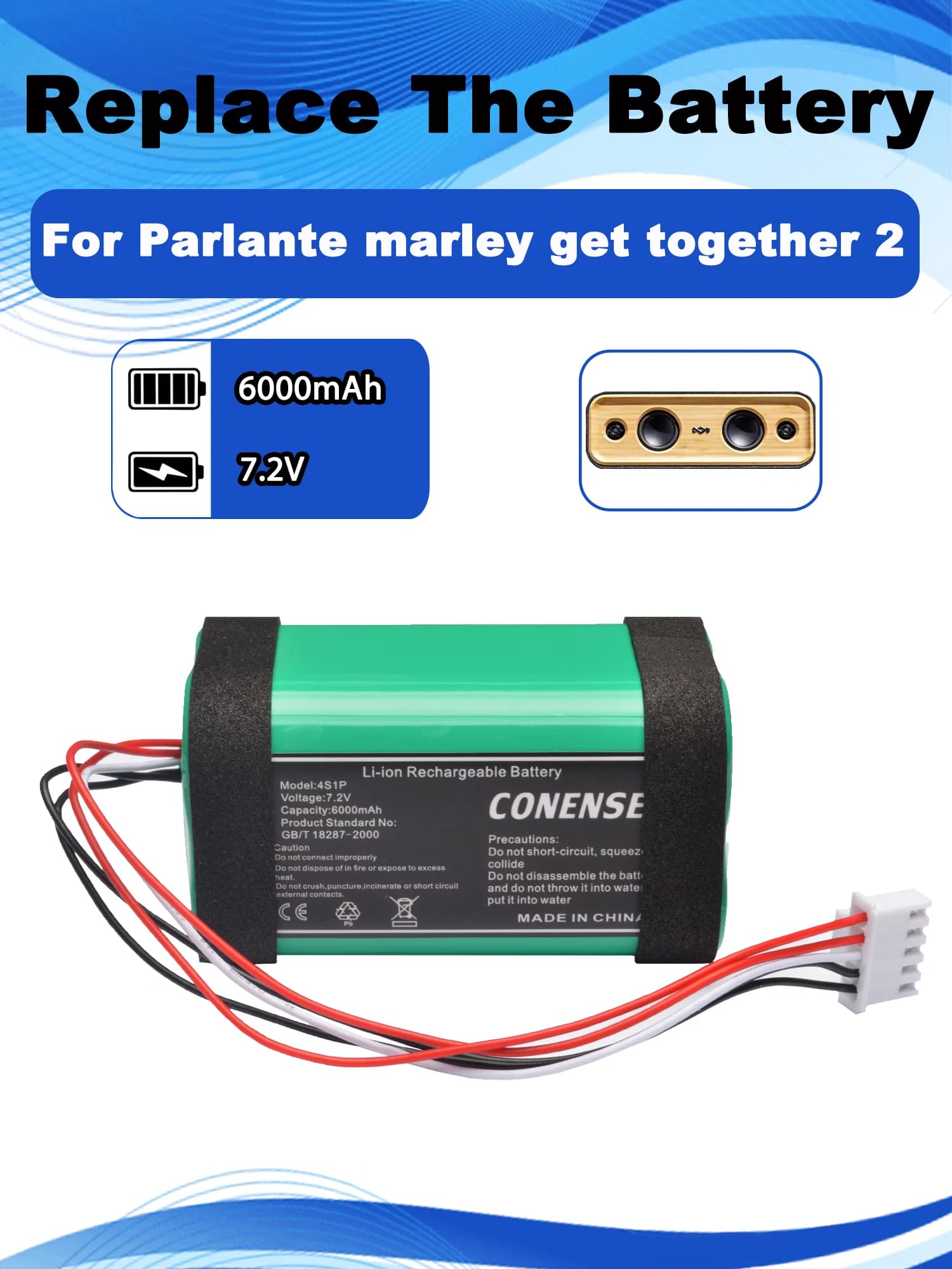 7.2V 6000mAh Replacement Speaker Battery For Parlante marley get together 2 Bluetooth Wireless Speaker