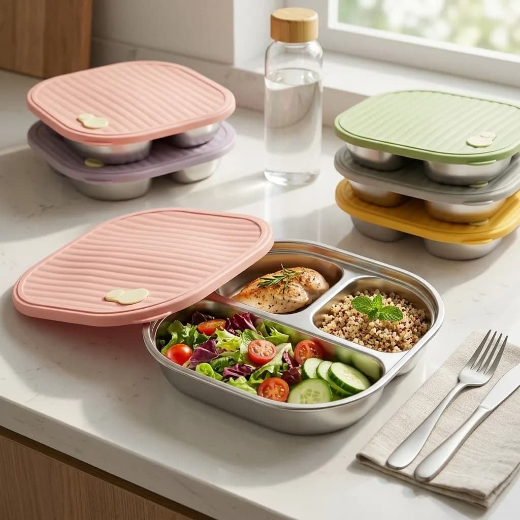 Microwave Safe 304 Stainless Steel Bento Box 3 Compartment Lunch Box Meal Prep Food Storage Containers for Adults Kids