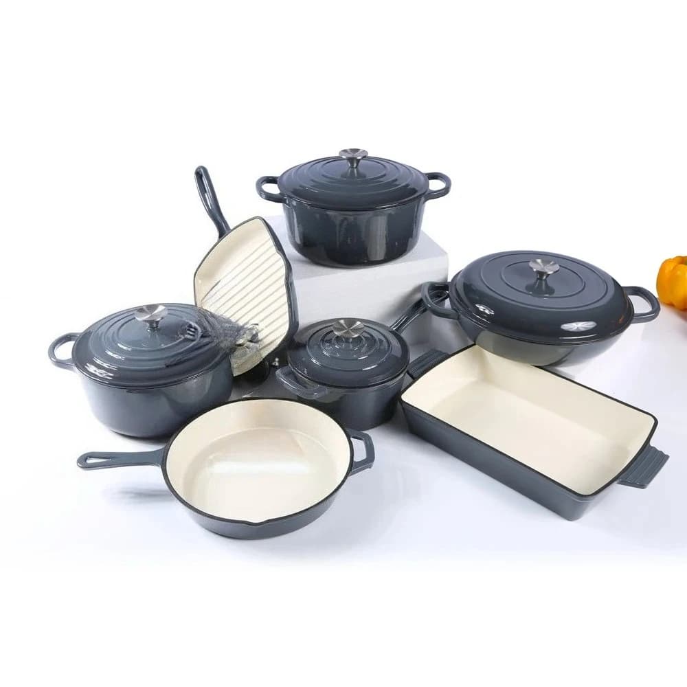 Set di pentole in ghisa smaltata, padella smaltata colorata, casseruola, pentola olandese, set di pentole e padelle.