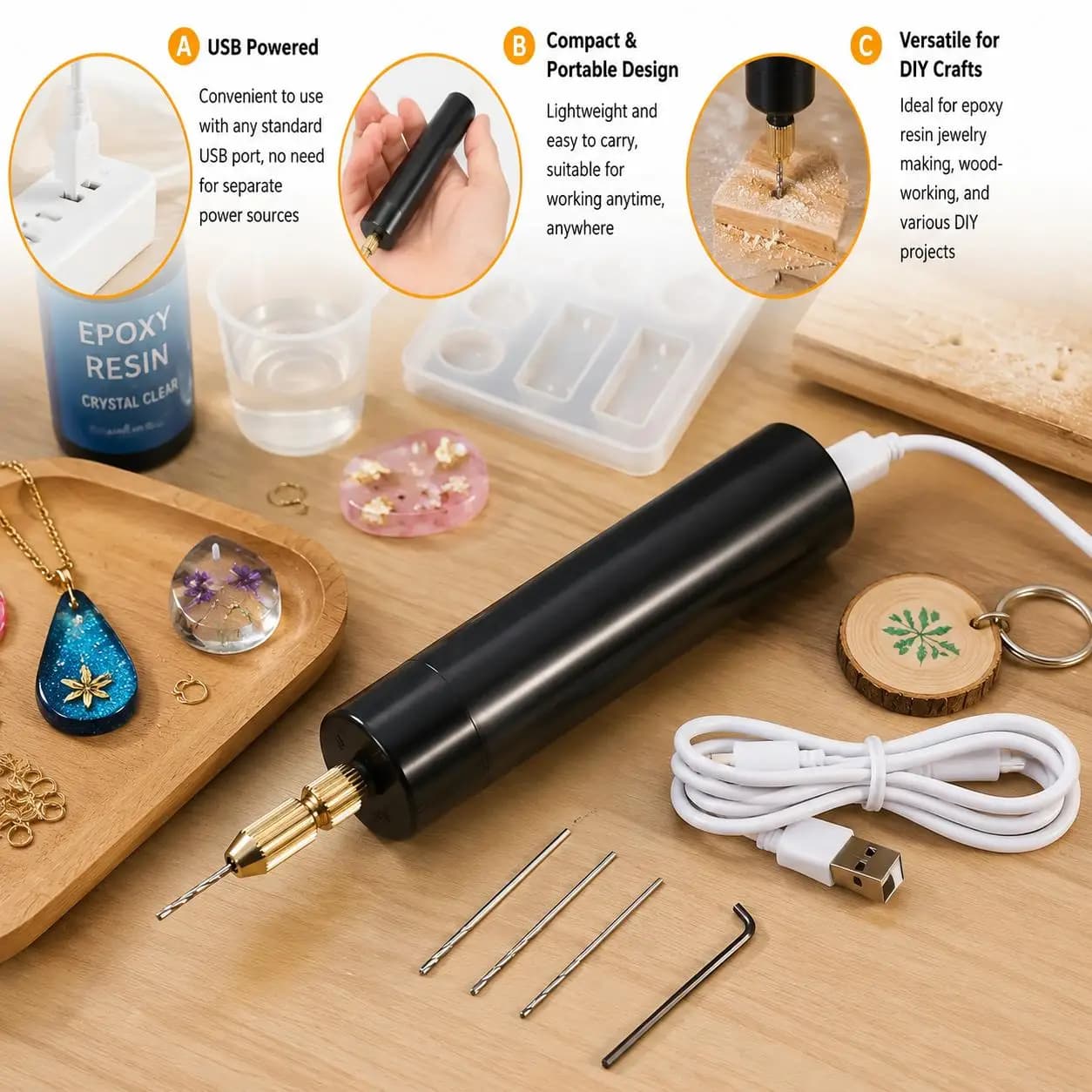 Mini Electric Drill USB Powered Handheld Rotary Tool Cordless Engraving Pen for Epoxy Resin Jewelry Making Pearl Keychain Wood Plastic Craft Boring Punching Tools Kit DIY Art Supplies Professional Grade With Multiple Speed Control