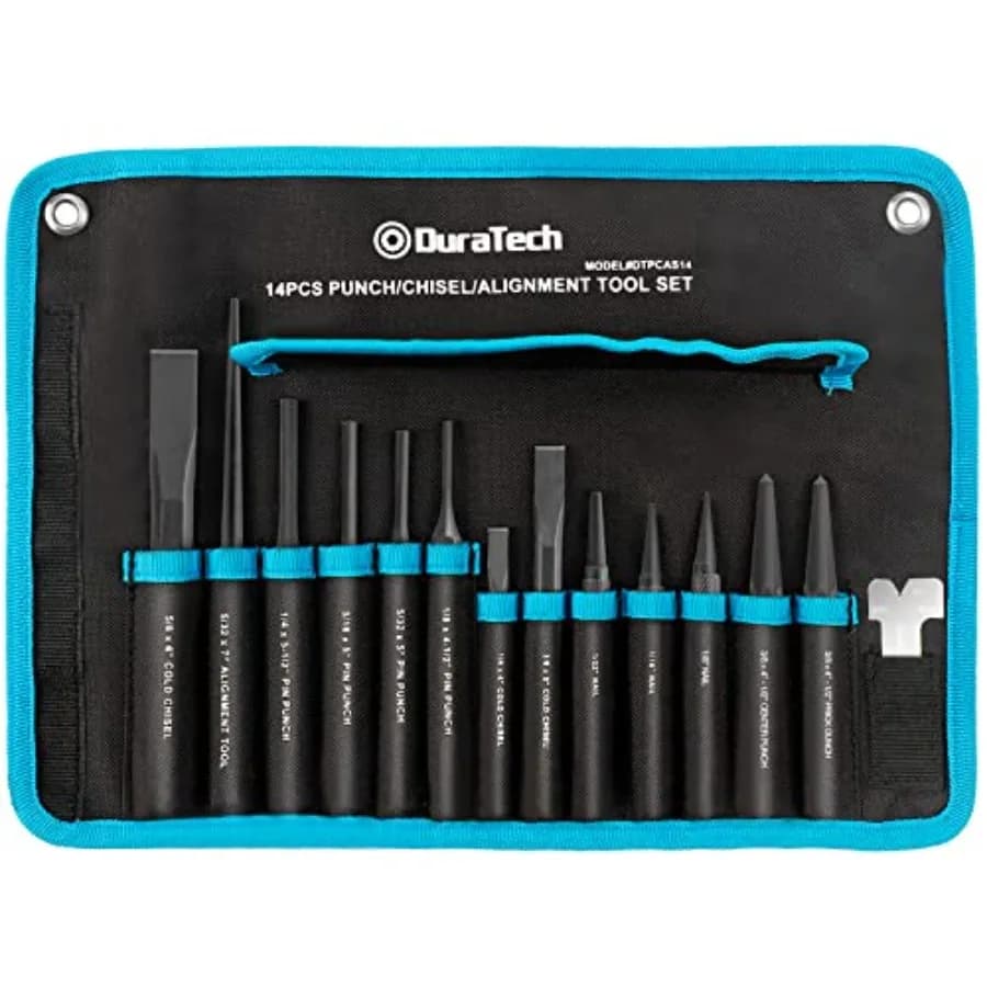 Set di 14 Utensili per Punzonatura, Scalpellatura e Allineamento, Inclusi Punzoni per Perni e Chiodi, Utensile per Allineamento, Scalpelli a Freddo, Calibro per Scalpelli con Ro
