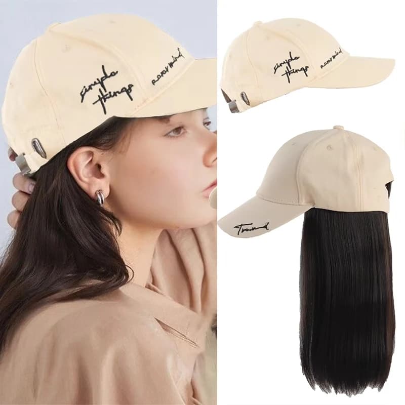 Allaosify Capelli sintetici Berretto da baseball ricamato con lettera beige chiaro da 12 pollici da donna Capelli lisci evidenzia estensioni del cappello