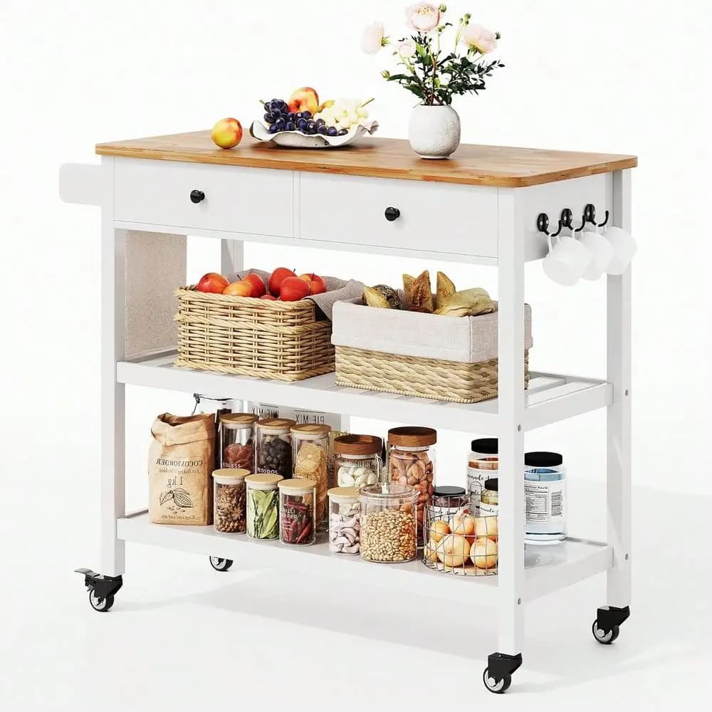 Carrello da Cucina e Organizzatore per Cucina con Ripiani Aperti, Ampio Spazio di Stoccaggio, Carrello da Cucina con Ruote e 2 Cassetti, Resistente all'Acqua