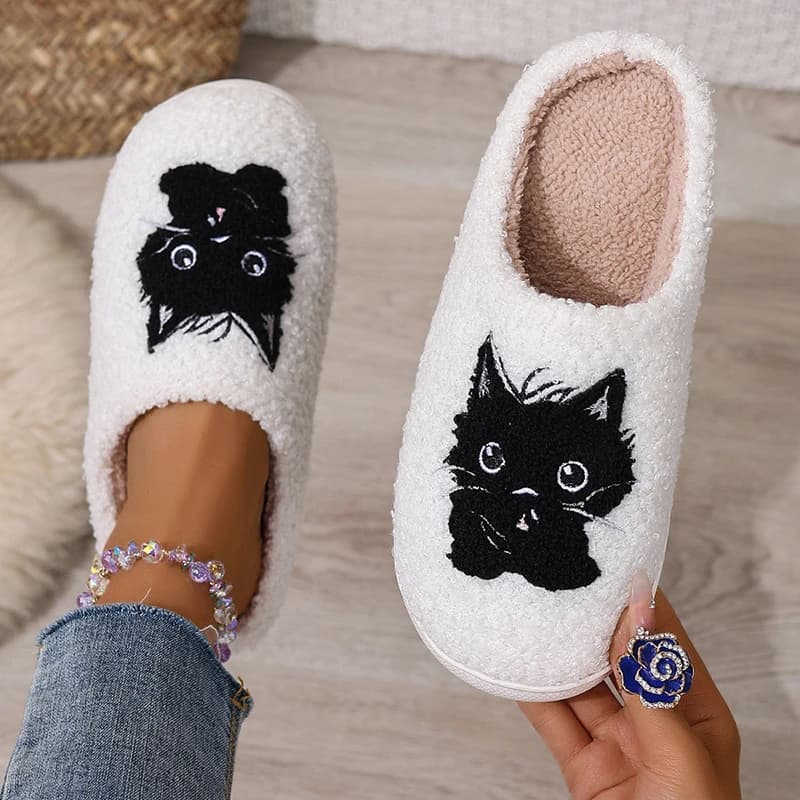 Women's Winter Slippers, Home Slippers with Cat, Fashion 2026, Luxury Low Shoes Signed, Synthetic Fur slippers, Elegant with Soft Sole