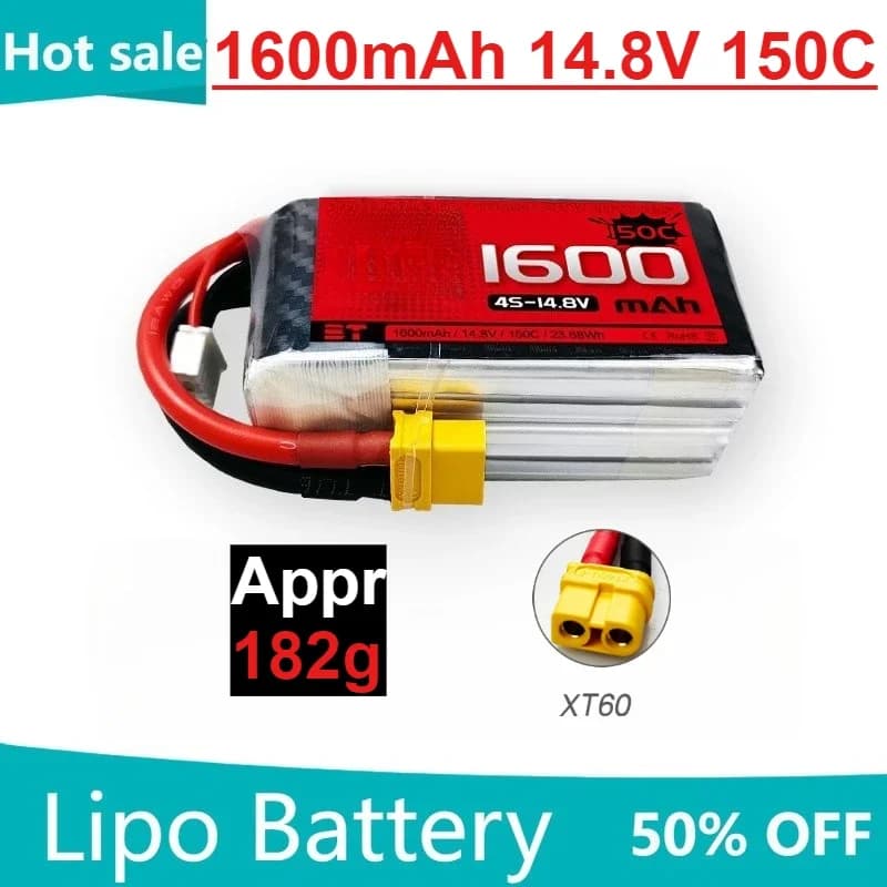 Batteria LiPo 1600mAh 4S 14.8V 150C per Elicottero RC, Quadricottero, Drone da Corsa FPV, Ricambi Droni, Batteria XT60