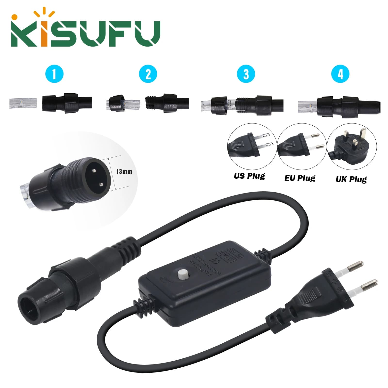 220V 230V 110V 8 modalità Spina di alimentazione per 2 fili RGB/Singolo colore 360 Rotondo Neon Corda Luce US EU UK Spina del connettore di alimentazione