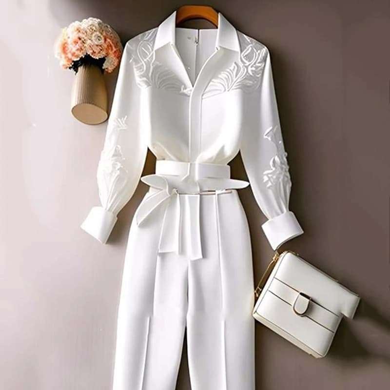 White pants 2 pieces Wide pants Women's dress Two pieces Vintage long sleeve shirt Autumn sleeves Top Korean 2025