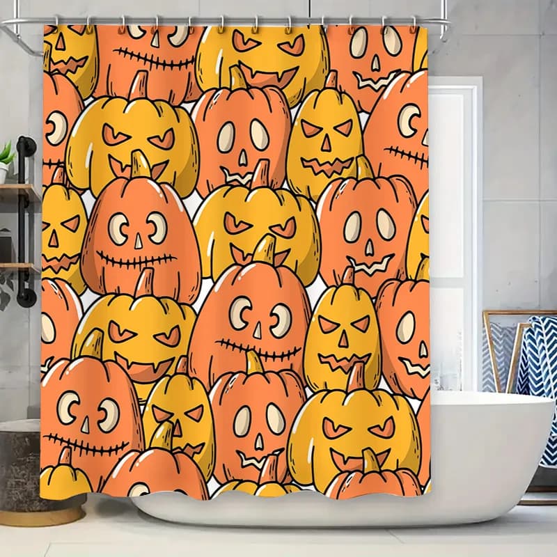 Decorazione per tenda da doccia di Halloween Tessuto impermeabile stampato con motivo Jack-o'-Lanterns per decorazioni autunnali per la casa in bagni Ora