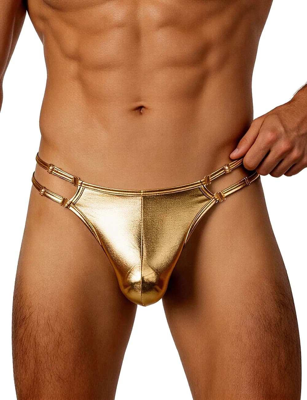 Gold Faux Leather Thong for Men Sexy U-Shaped Pouch Adjustable Double Straps Low Rise Underwear Plus Size S-XL