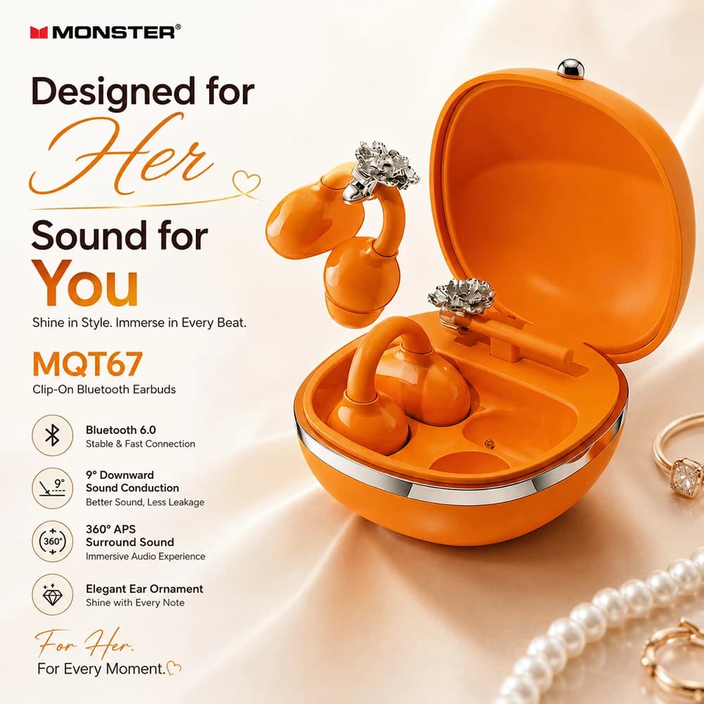 Monster Maxstar MQT67 Jewelry Ear Clip Headphone Stylish Earring Decor Bluetooth 6.0 Earphones TWS Wireless Earbud for Women