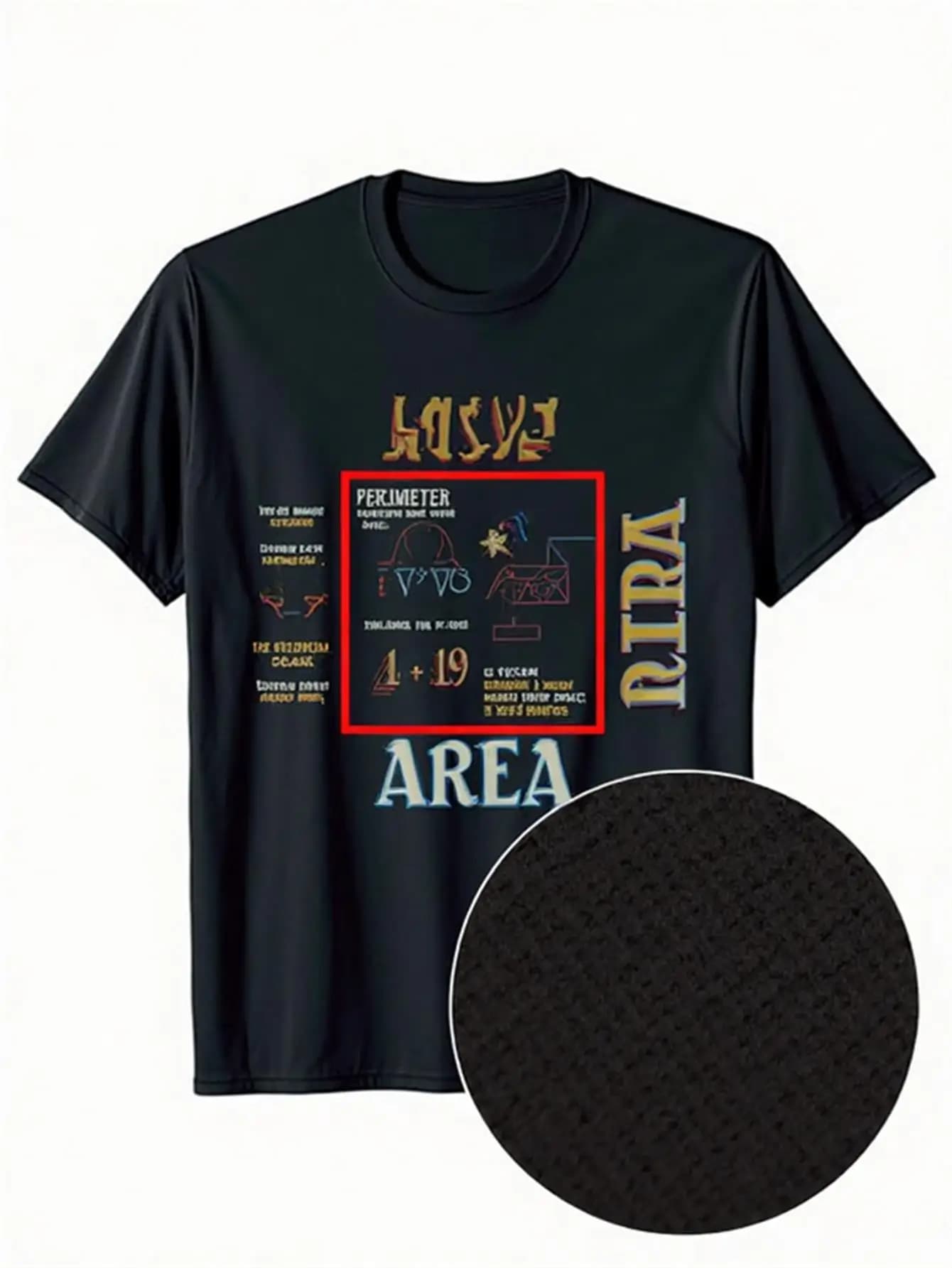 T-shirt Mathematics Geometry Men's Perimetric Formules and Learning Area Trapezoal Rectangular circle Black with beige geometric figures Casual educational t-shirt suitable for teachers Students Mathematical Passionate