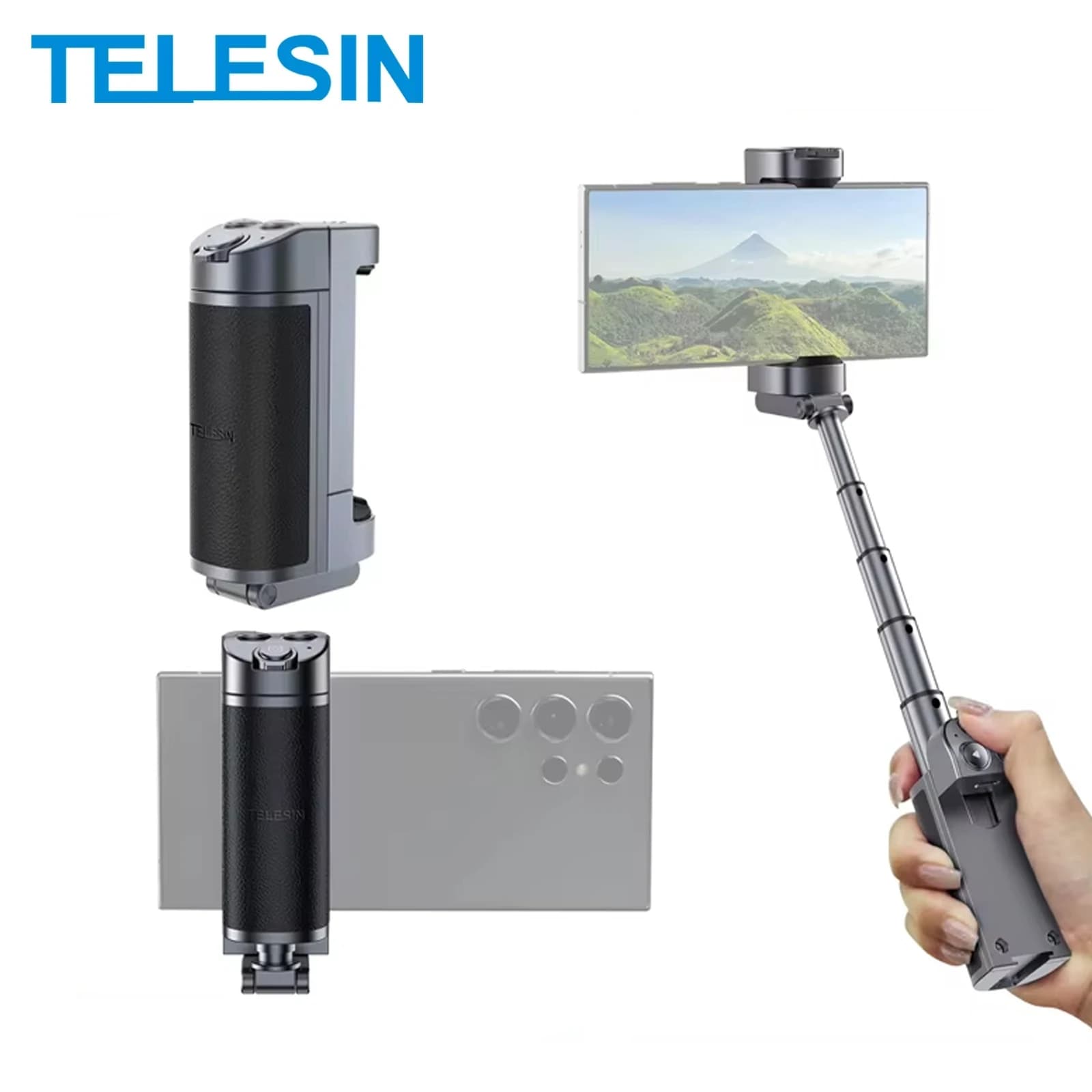 TELESIN Fotocamera per telefono Maniglia per selfie multifunzione Supporto per telefono Bluetooth Bastone per selfie Adattatore per telecomando Supporto per maniglia per impugnatura