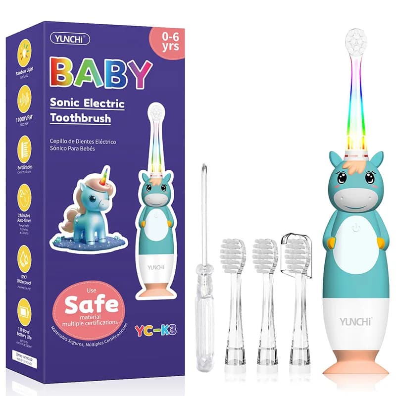 YUNCHi Children's Electric Toothbrush Battery powered 2-minute Timer Reminder 30s IPX7 with spare heads