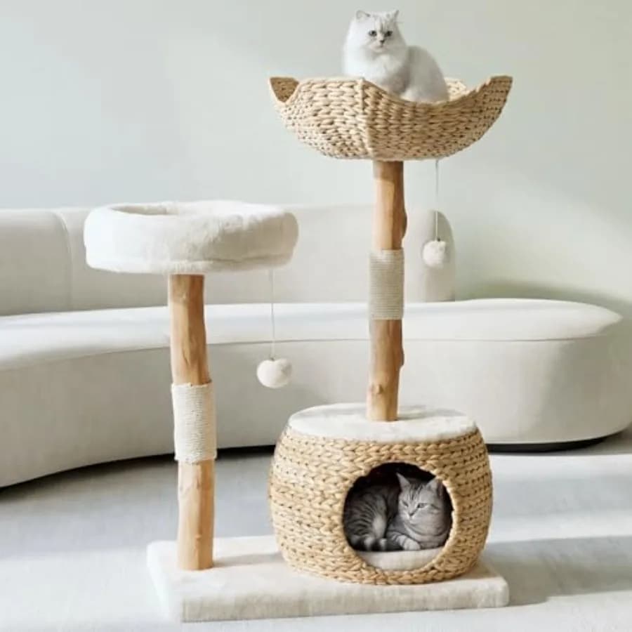 Torre Tiragraffi Moderna per Gatti con Cuccia, Tiragraffi in Vero Legno con Letto per Gatti da Interno, Grande Torre da Arrampicata in Legno Massello per Gatti Adulti