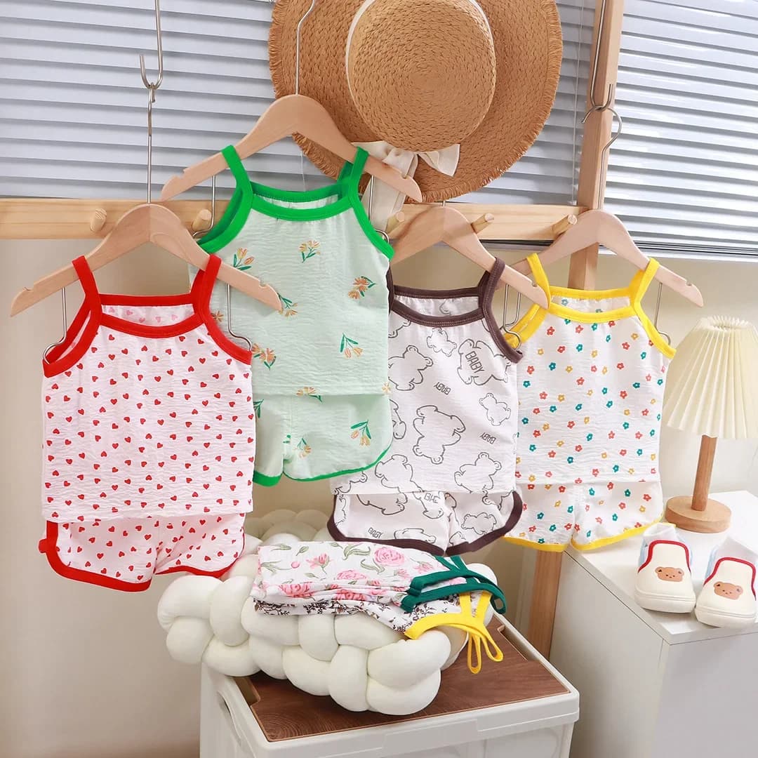 Pigiama Sottile e Traspirante per Bambini, Set Estivo con Pantaloncini e Top a Bretelle con Motivi Floreali e Cartoni Animati