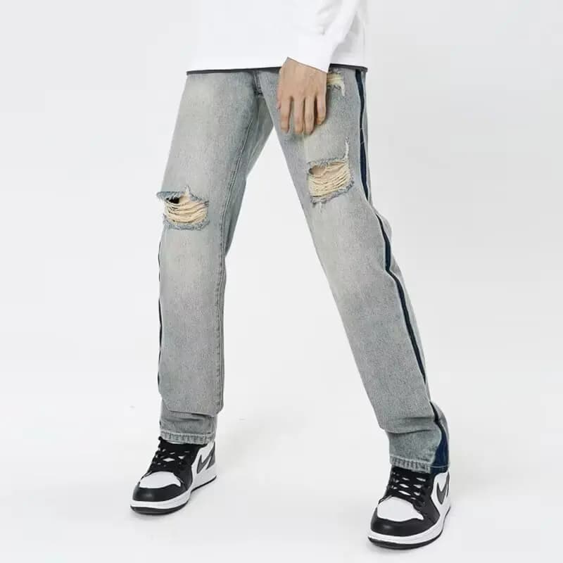 Men's and women's wide leg jeans, casual, hip hop style, patchwork, torn, denim, versatile and trendy.