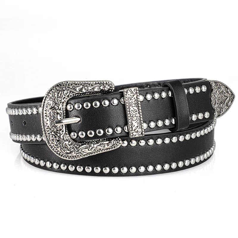 Cintura da uomo e da donna stile punk con rivetti alla moda, cintura in pelle PU con fibbia intagliata vintage, cintura Y2k hip-hop sottocultura, per uomo donna