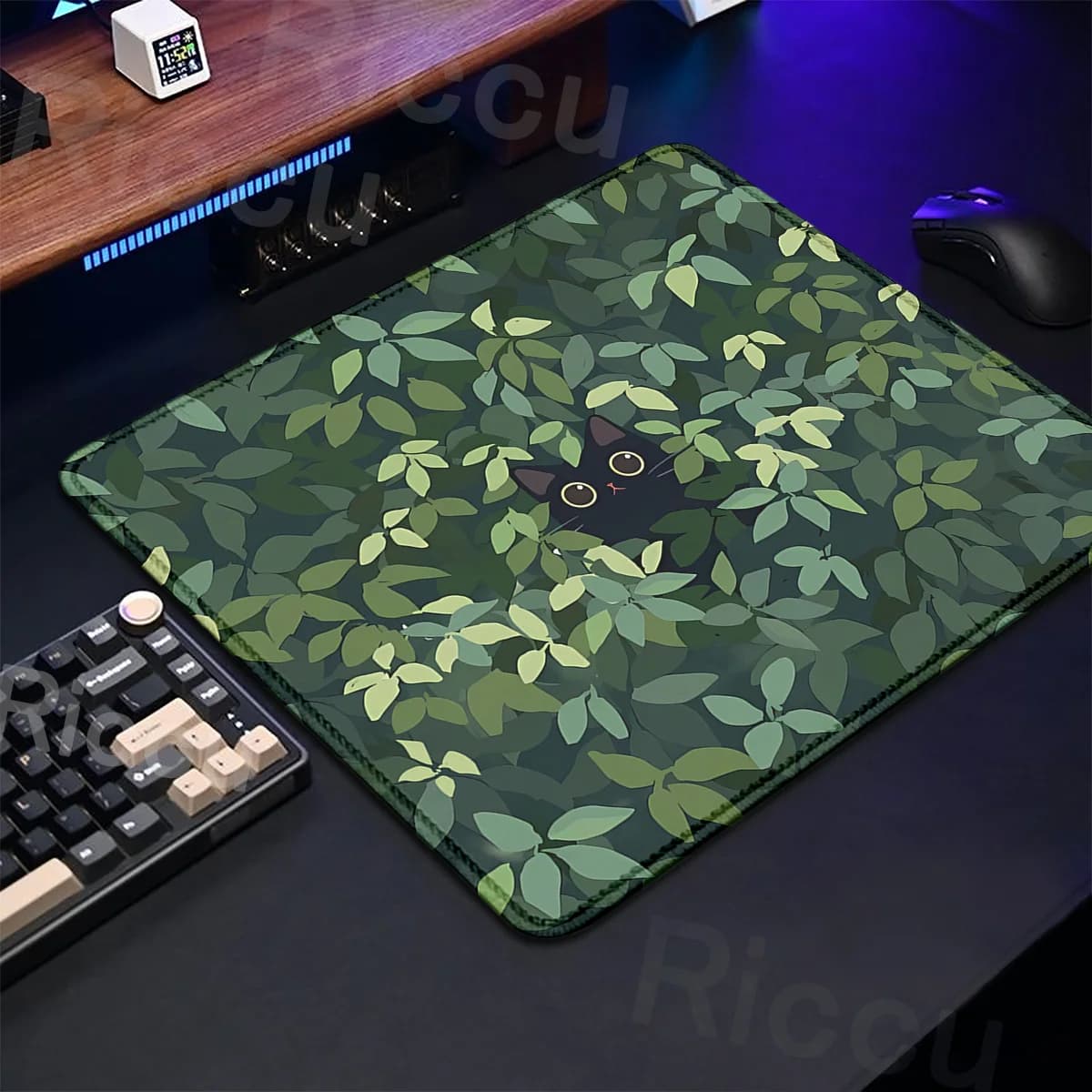 Tappetino per mouse Kawaii Black Cat 18x22cm Pianta estetica Natura Laptop Tappetino per mouse XS Tappetino per mouse da gioco di piccole dimensioni Tappeto antiscivolo verde carino