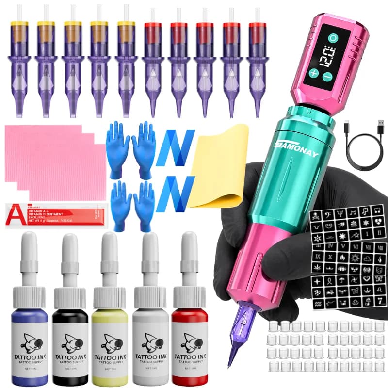 SAMONAY Tattoo Pen Machine Kit Complete Wireless Rotary Tattoo System with LCD Display, Cartridge Needles, Colored Tattoo Ink Set, Extra Black Ink, Practice Supplies and Accessories for Beginners and Professional Tattoo Artists