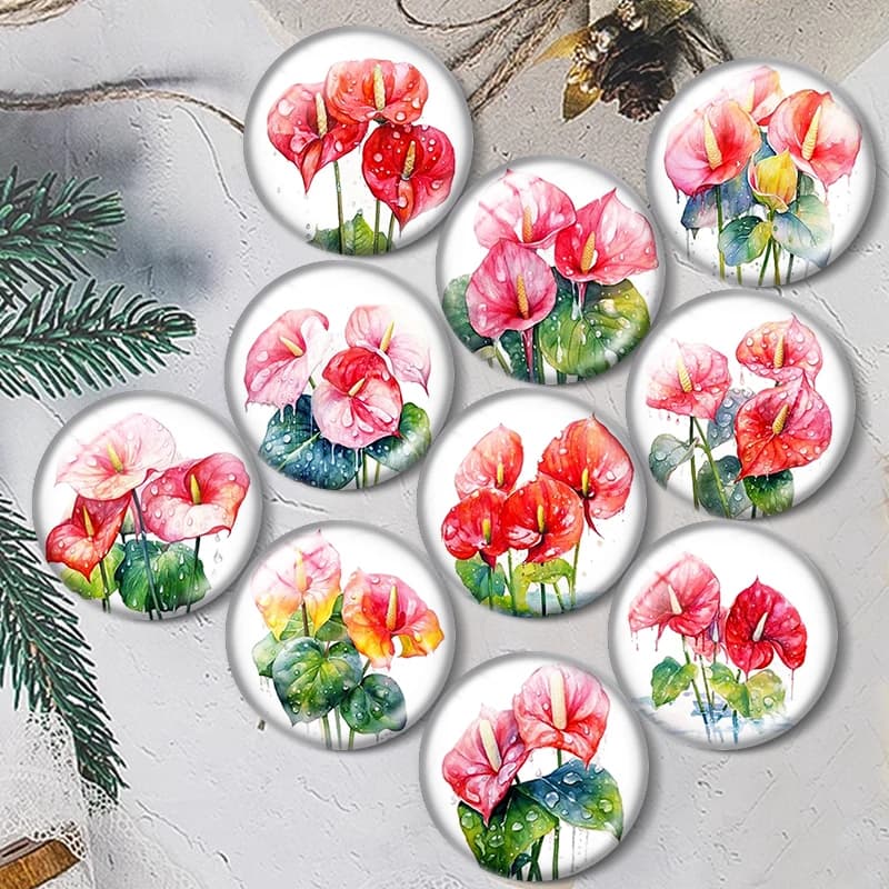Glass Cabochon with Anthurium Pattern Watercolor 12/18/20/25mm for Bracelets, Pendants, Rings, Earrings and Jewelry Creation