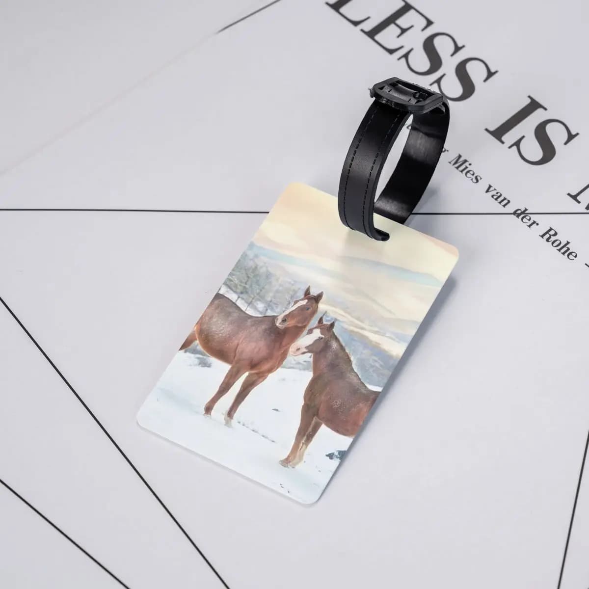 Etichette per bagagli con cavalli, neve e colline al tramonto, accessori per valigie, etichetta per bagagli da viaggio, porta etichetta, porta ID, nome, indirizzo