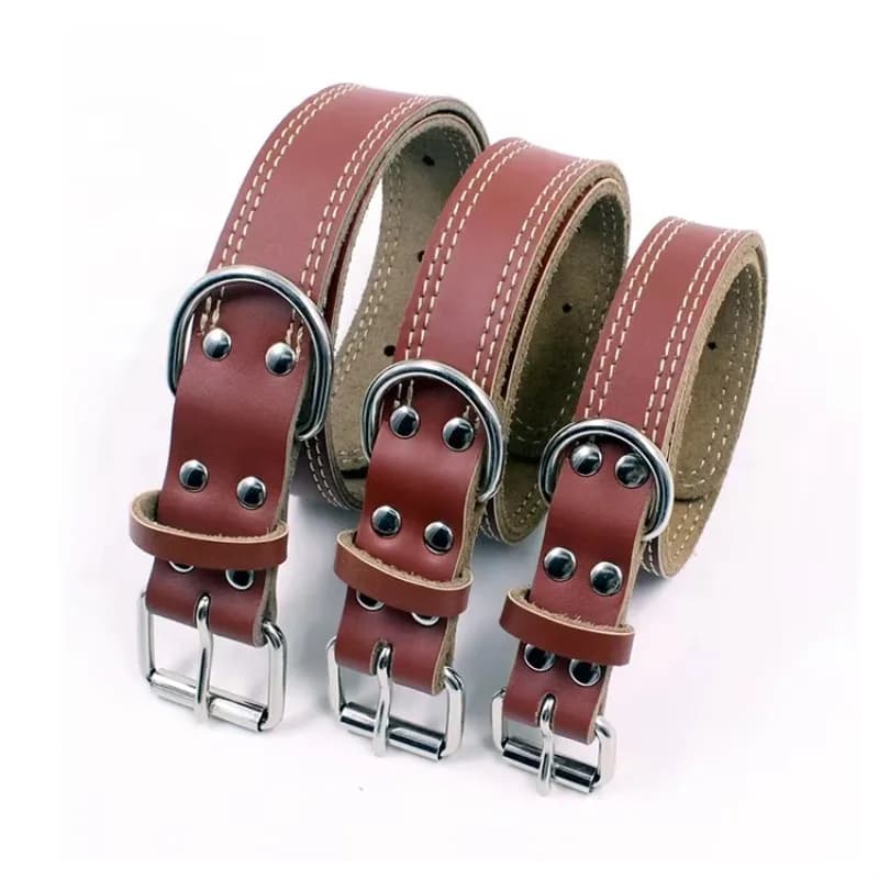 Genuine Leather Dog Collar & Leash, Wear-resistant Solid Brown Design