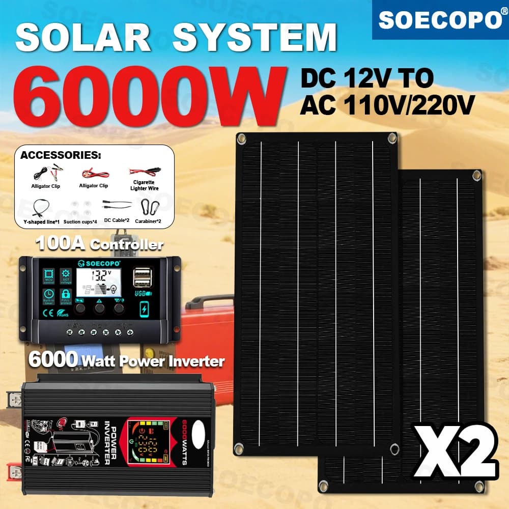Kit di pannelli solari portatili da 2 pezzi da 800 W Potenza di picco da 6000 W CC da 12 V a CA 110 V/220 V con controller 100 A per uso domestico in auto da campeggio