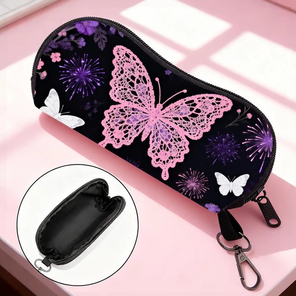 Custodia Antiurto per Occhiali con Moschettone in Metallo, Custodia Porta Occhiali da Sole con Stampa Farfalla, Borsa Portatile con Cerniera per Occhiali