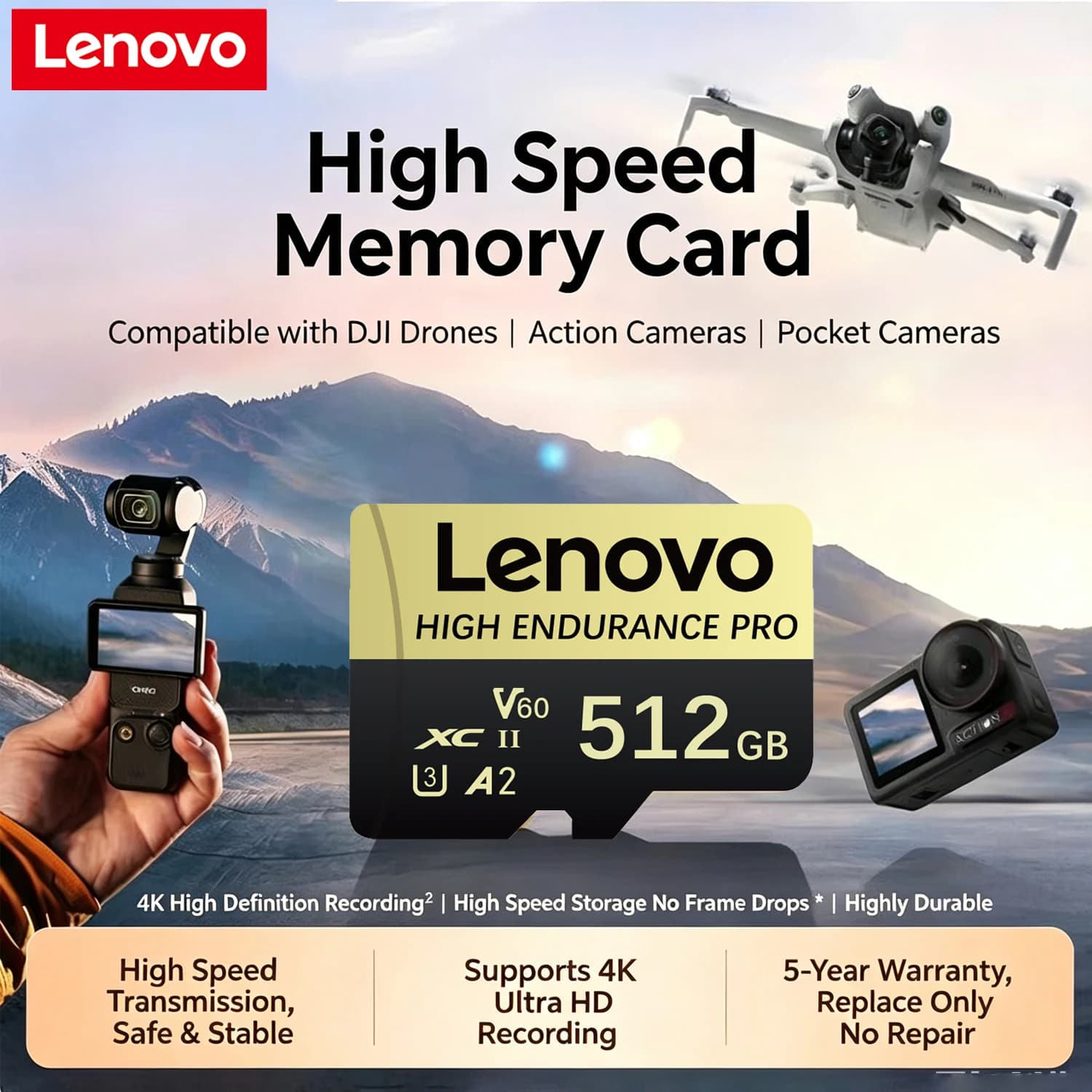 Lenovo Micro SD Card Memory Card For Nintendo Switch High Speed V60 U3 TF Flash Card 4K Full HD Video TF Card 64GB 128GB 256GB