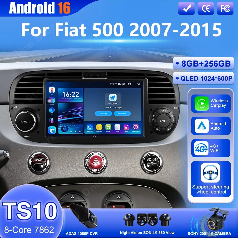 Android 16 Car Radio Stereo For Fiat 500 2007-2015 Auto Carplay Multimedia Video Player For Fiat 500 Car GPS Navigation 4G Wifi