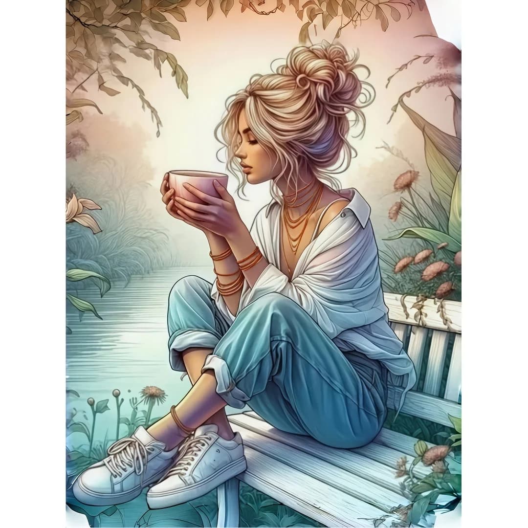 Diamond Painting Kit: Latest Creative Design "Blonde Girl Holding a Cup on a Waterfront Bench" Decorative Painting
