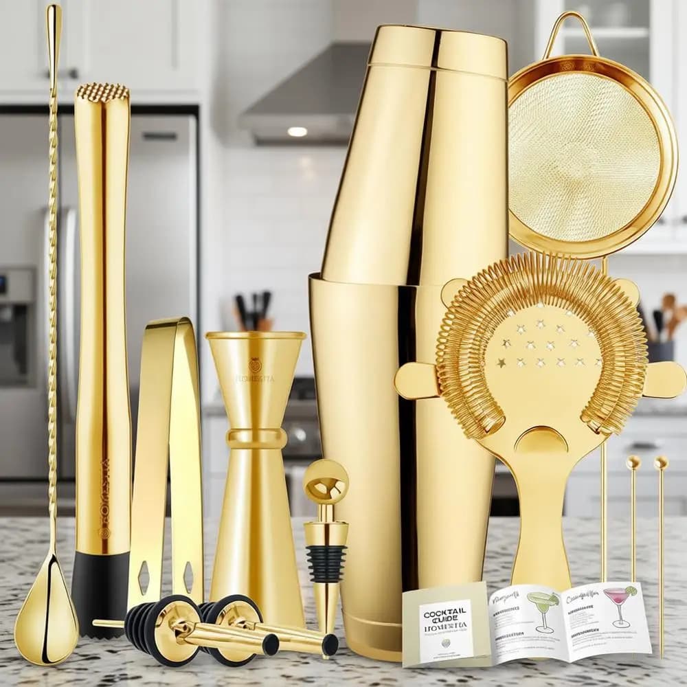 Set Shaker per Cocktail, Kit da Barman: Shaker Boston Pesato, Strainer Hawthorne, Jigger, Cucchiaio da Bar, Muddler, Accessori in Acciaio Inox