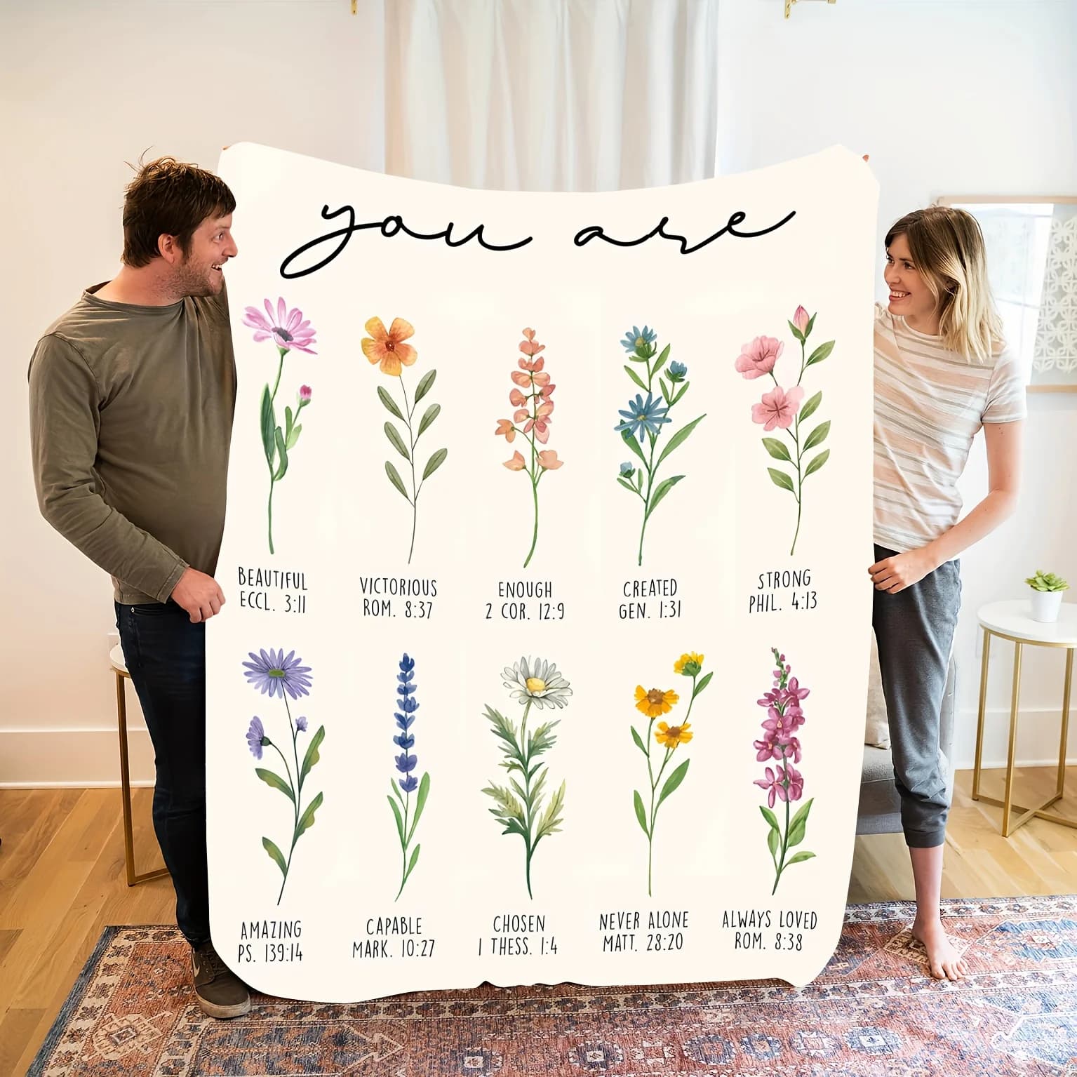 Accogliente coperta floreale in flanella con versi biblici, morbida, calda, regalo ispiratore per amici di famiglia, perfetta per il pisolino, l'arredamento della casa in viaggio