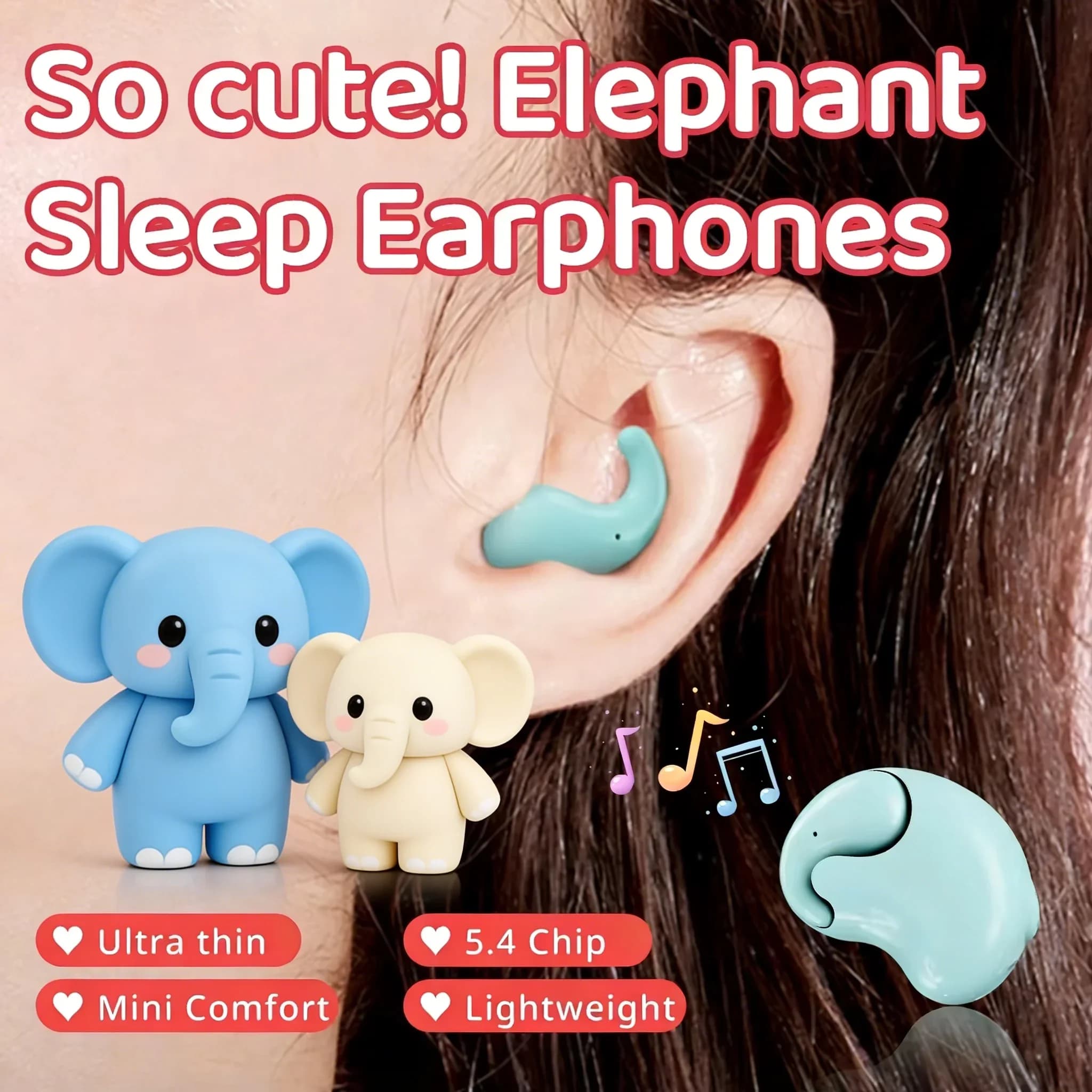 Elephant-shaped earphones, mini Bluetooth 5.4 wireless earphones with ENC noise cancellation, invisible, for those sleeping on the side.