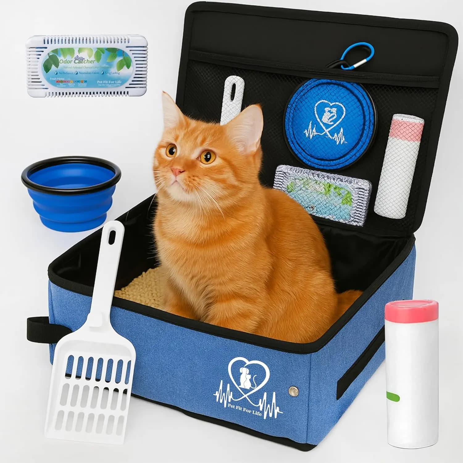 Lettiera Portatile per Gatti da Viaggio - Media, Include Coperchio con Cerniera, Sacchetti per Lettiera, Assorbitore di Odori, Paletta per Lettiera, Co