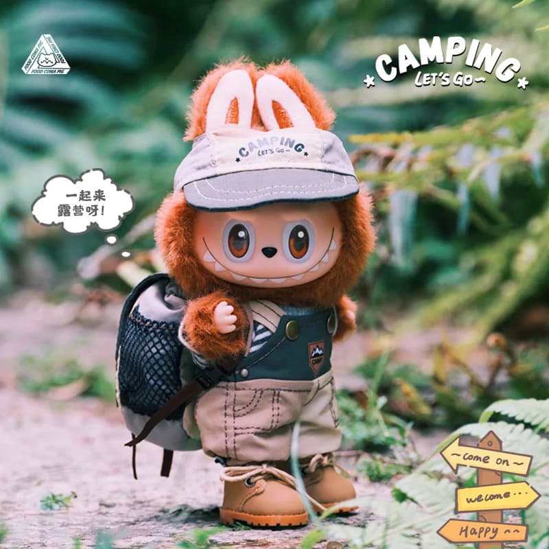 Set Abbigliamento da Campeggio Originale 17cm per Labubu: Cappello, Salopette e Zaino Stile Montagna - Vestiti Trendy per Bambole da Collezione per Giocattoli da Campeggio