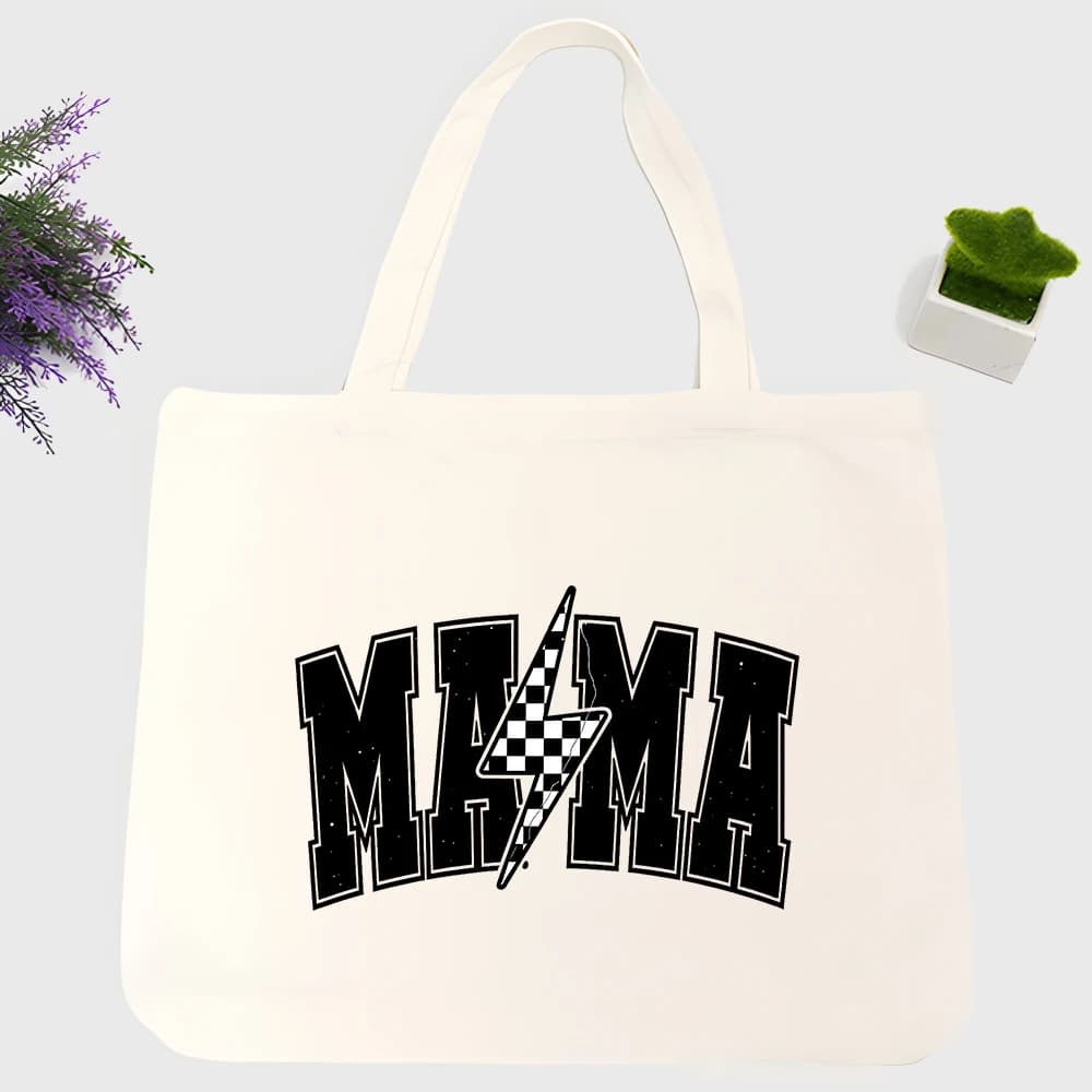 Women's "MAMA" letter print canvas tote bag with checkerboard lightning graphic, casual style for daily shopping and errands