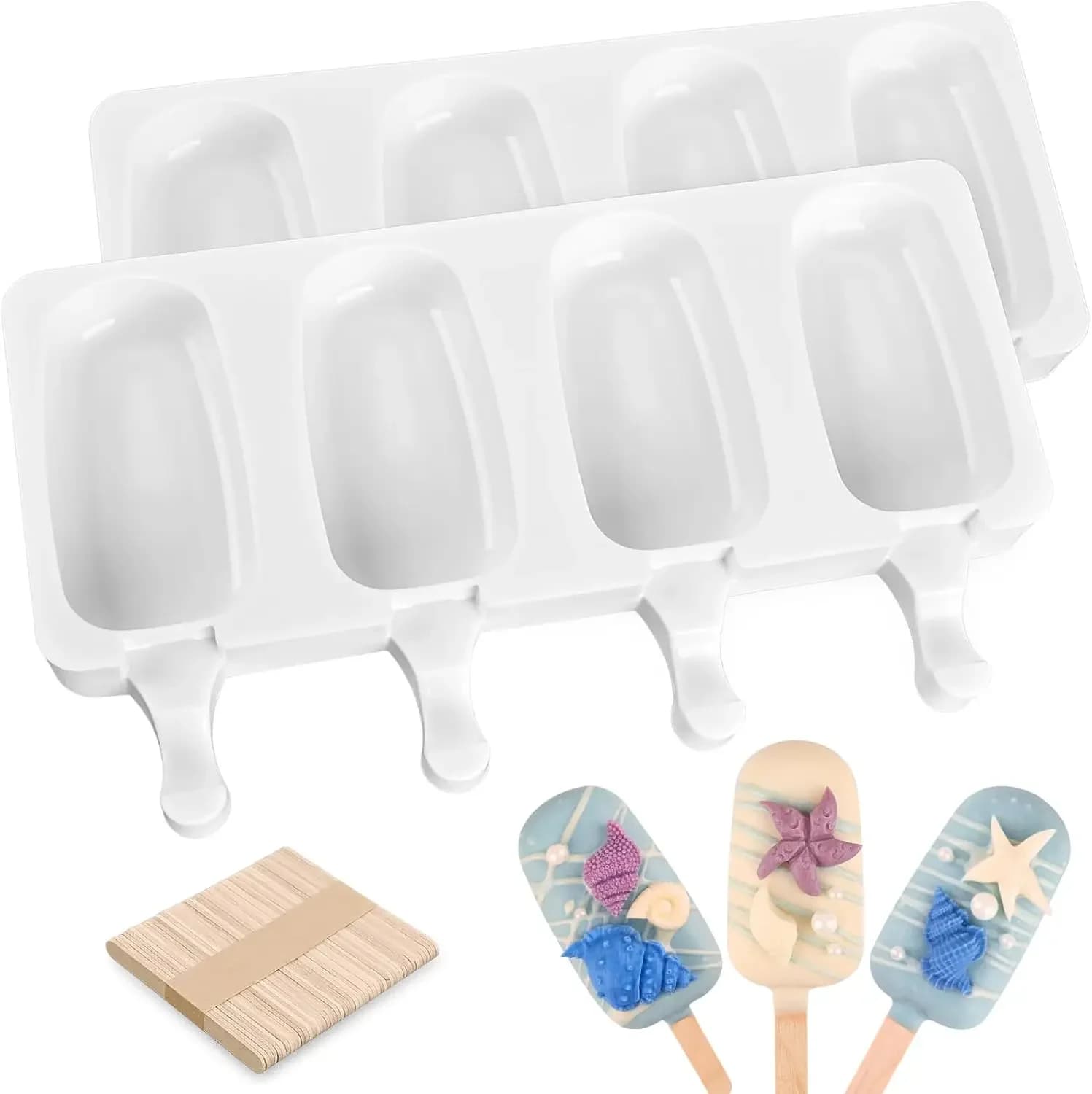 Sakolla 1 Pack Silicone Popsicle Molds, Larg Oval 4 Cavities Homemade Ice Pop Molds with 50 Wooden Sticks for Ice Cream, Cakesicles, Cake Pop (White)