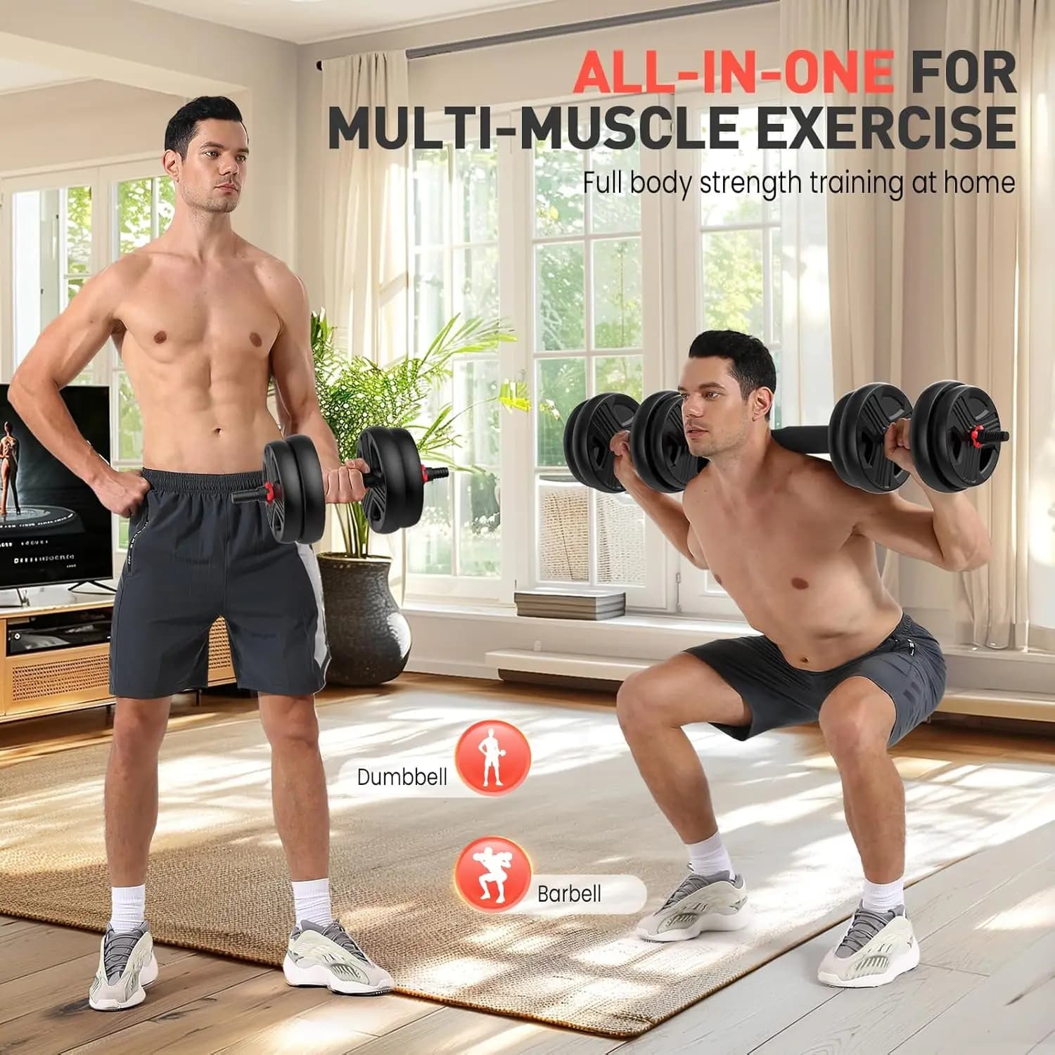 Adjustable weights, 30/40/55/60/70/80/90 lbs with handlebar connector 2 or 3 in 1 used as barbells, kettlebells