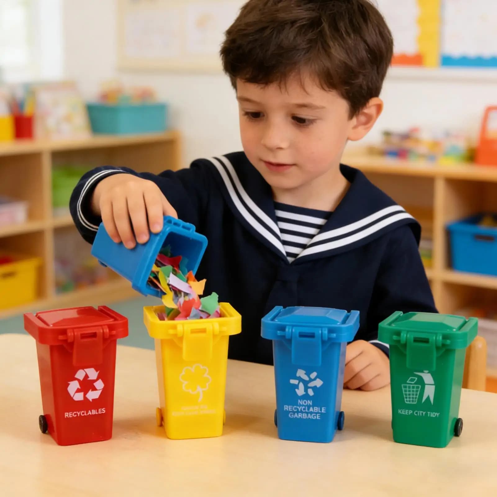 Cestino per la spazzatura giocattolo, 4 pezzi, mini cestino per la raccolta differenziata da scrivania, piccolo cestino per la raccolta dei rifiuti per bambini, giocattoli educativi per la prima infanzia, regali di compleanno