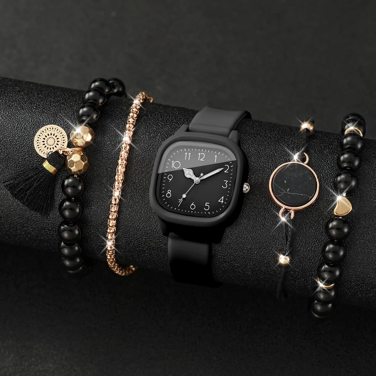 Women 4 In 1 Watch Bracelet Set Square Silicone Quartz Watch Black Bead Tassel Stack Bracelets Casual Ladies Wristwatch Gift