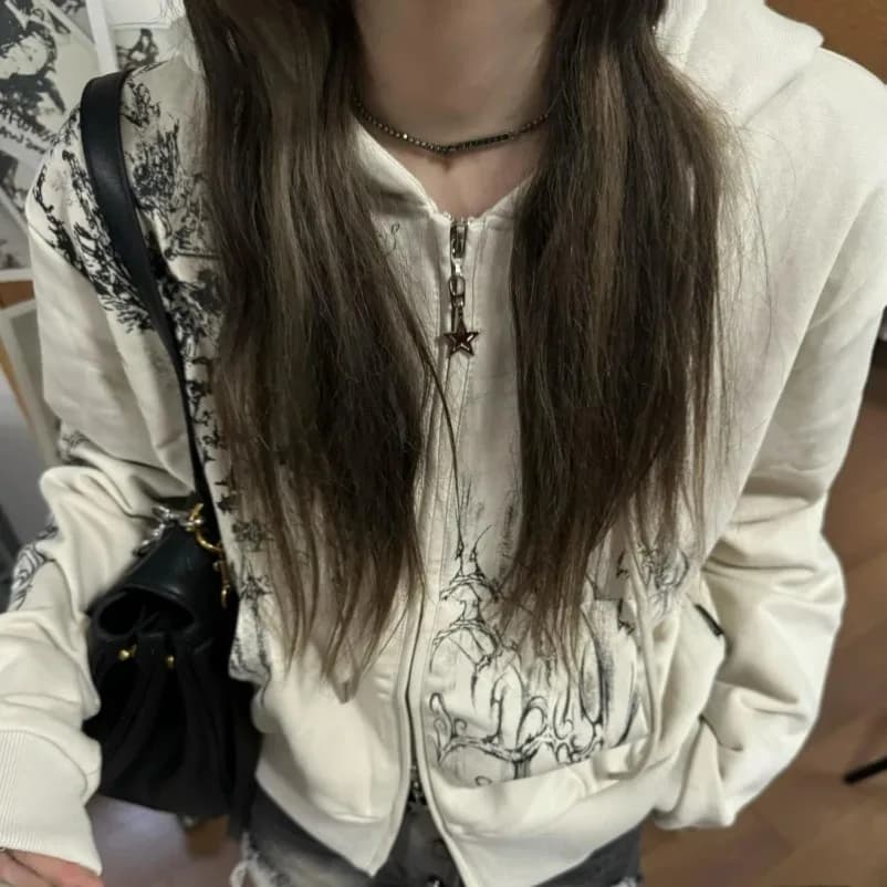 Felpe con cappuccio corte estetiche Y2k da donna stampa casual doppie cerniere felpa punk Harajuku giacche grunge autunnali fata gotica